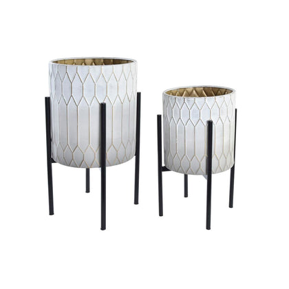 Set de Macetas DKD Home Decor Blanco Negro Dorado Bicolor Metal 31 x 31 x 58 cm (2 Unidades)