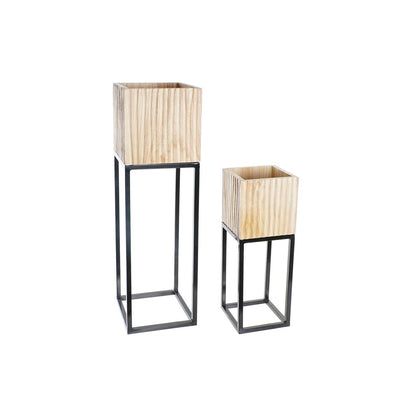 Set de maceteros DKD Home Decor Natural Negro Metal Madera Loft (23 x 23 x 80 cm) (2 pcs)