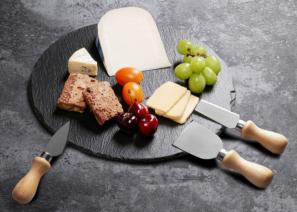 Bandeja pizarra 100% natural para quesos con 3 accesorios - Bandeja redonda ideal para servir y presentar platos rápidos - Menaje de cocina