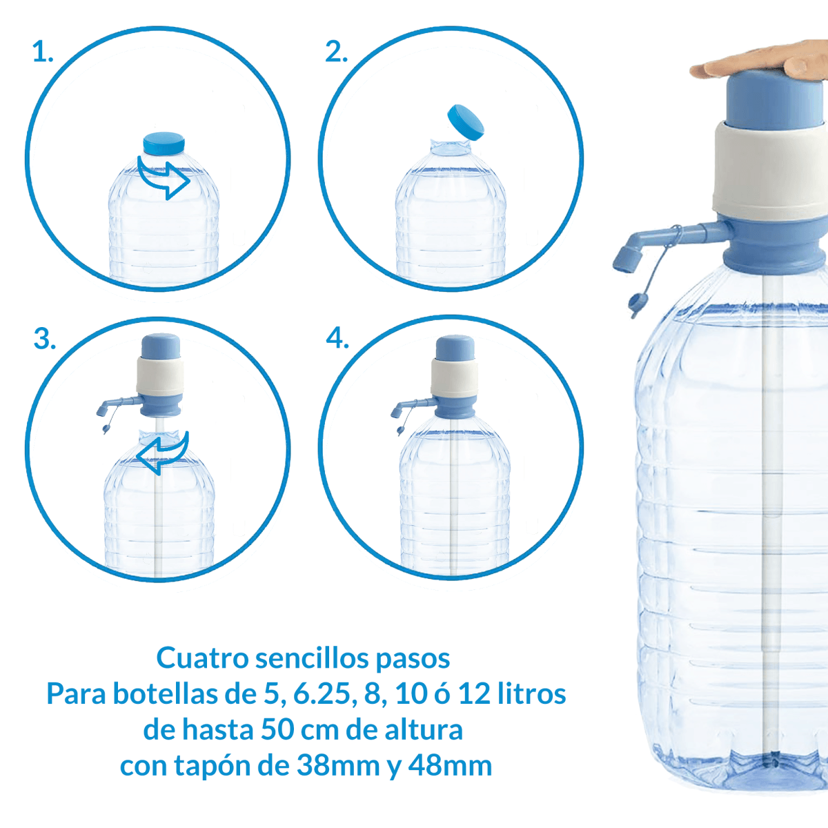 Dispensador Agua para garrafas - Dosificador Agua garrafas Compatible con Botellas (Pet) de 2,5, 3, 5, 6, 8, 10 y 12 litros - Diámetro 38mm y 48mm - movilcom.com