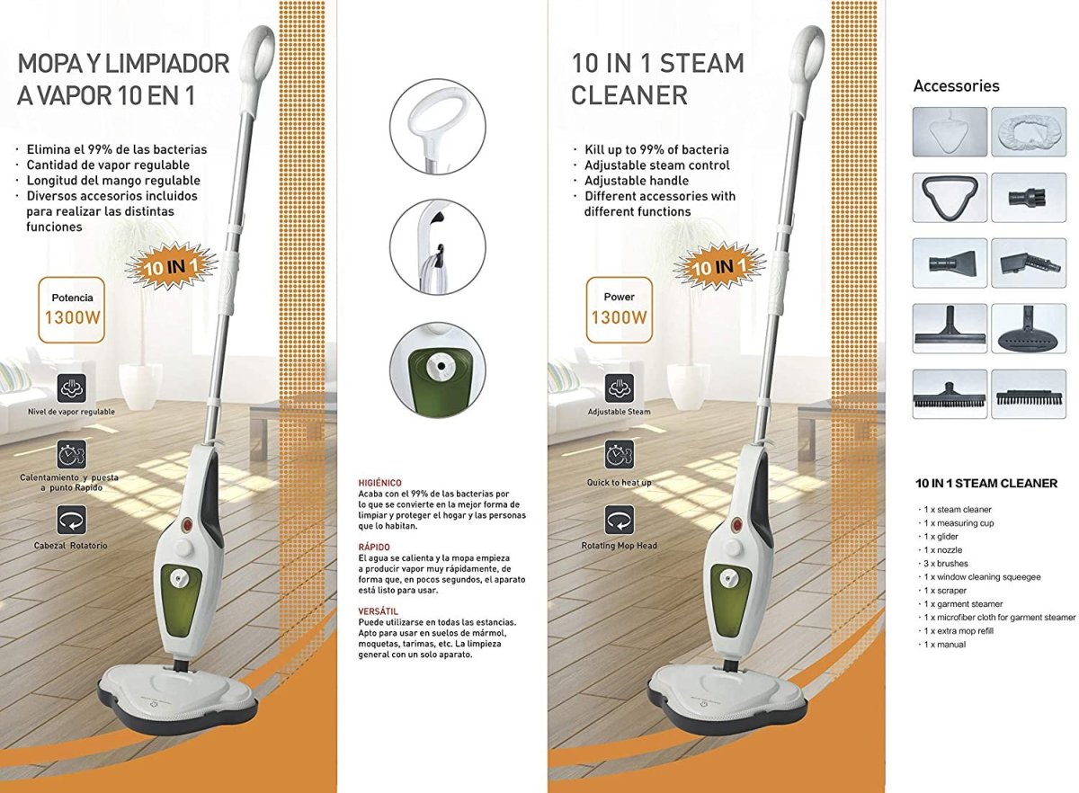 Mopa Limpiador Vapor 10 en 1 - Vacuum Cleaner fregona eléctrica para Todo Tipo de Suelos y Superficies - 1300W, 400ml