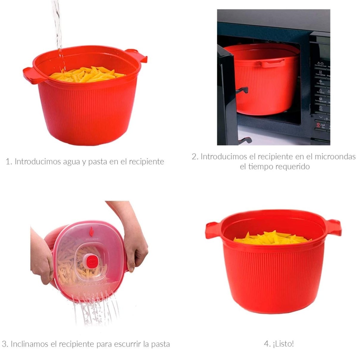  Fasta Pasta, la original, recipiente para cocinar pasta en  microondas (color rojo). Sin ensuciar, no se pega, no hay que esperar que  el agua hierva : Hogar y Cocina